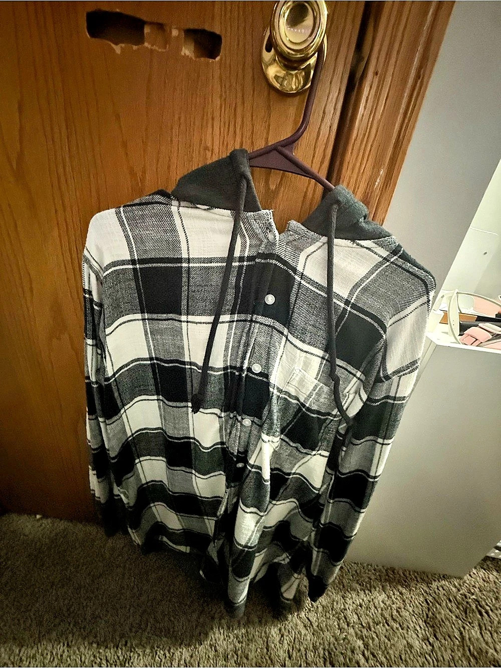womens Black & White Plaid Hooded Shirt